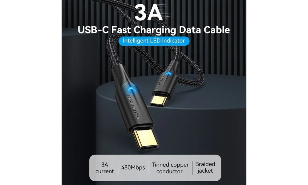 VENTION TRDBH USB 2.0 Type-C Male to Type-C Male 3A Cable 2M Aluminum Alloy Type