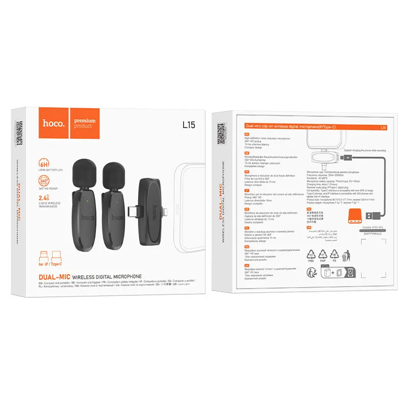 HOCO L15 Dual-mic clip-on wireless digital microphone(iP/Type-C)microphoneblack