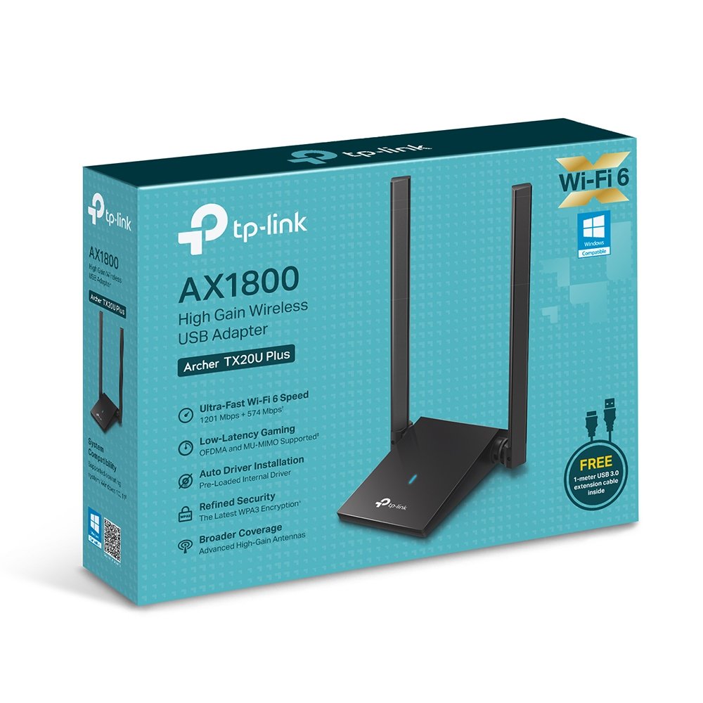 Archer TX20U Plus, TP-Link, AX1800 Dual Antennas High Gain Wireless USB Adapter, 1-meter USB 3.0 Cable