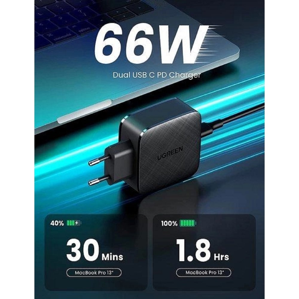 დამტენი UGREEN CD216 (70867), 66W, USB-C, Black