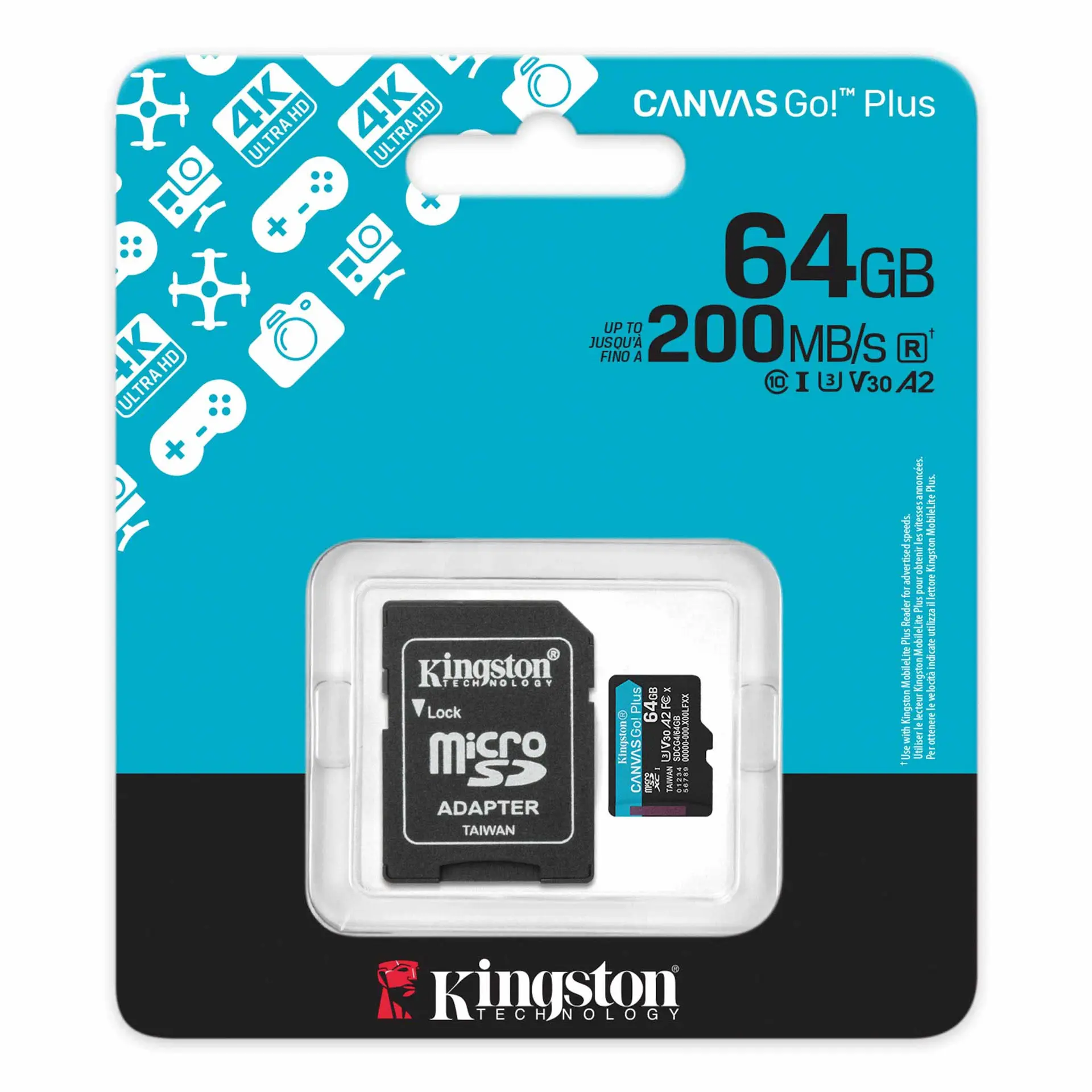 მეხსიერების ბარათი:SDCG4/64GB, Kingston 64GB microSDXC Canvas Go Plus Gen4 200MB/s A2 U3 V30 Card + Adapter