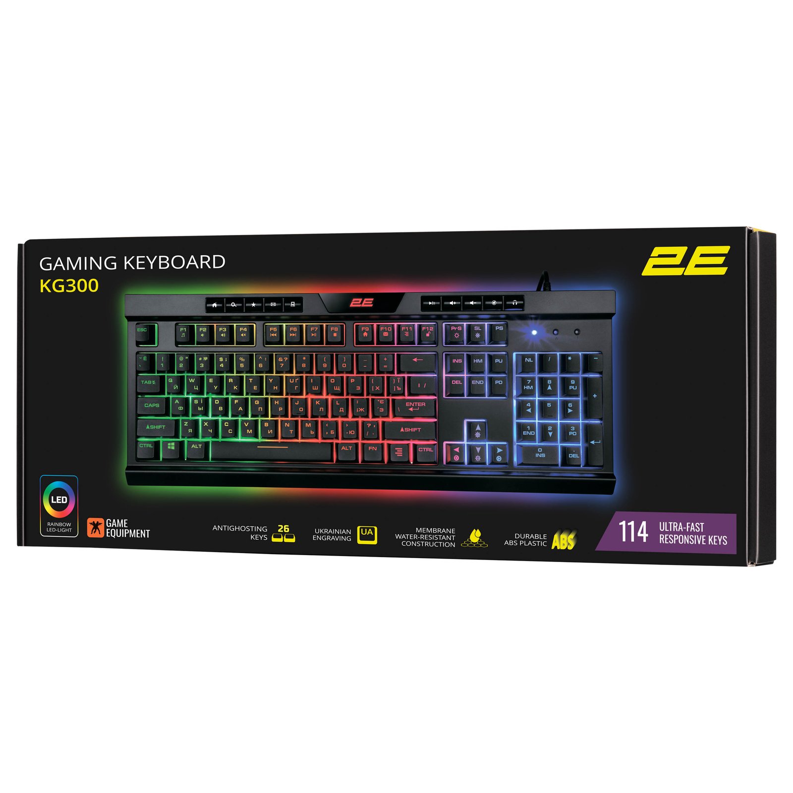 2E GAMING Membrane keyboard KG300 114key, USB-A, EN/RU, LED, black