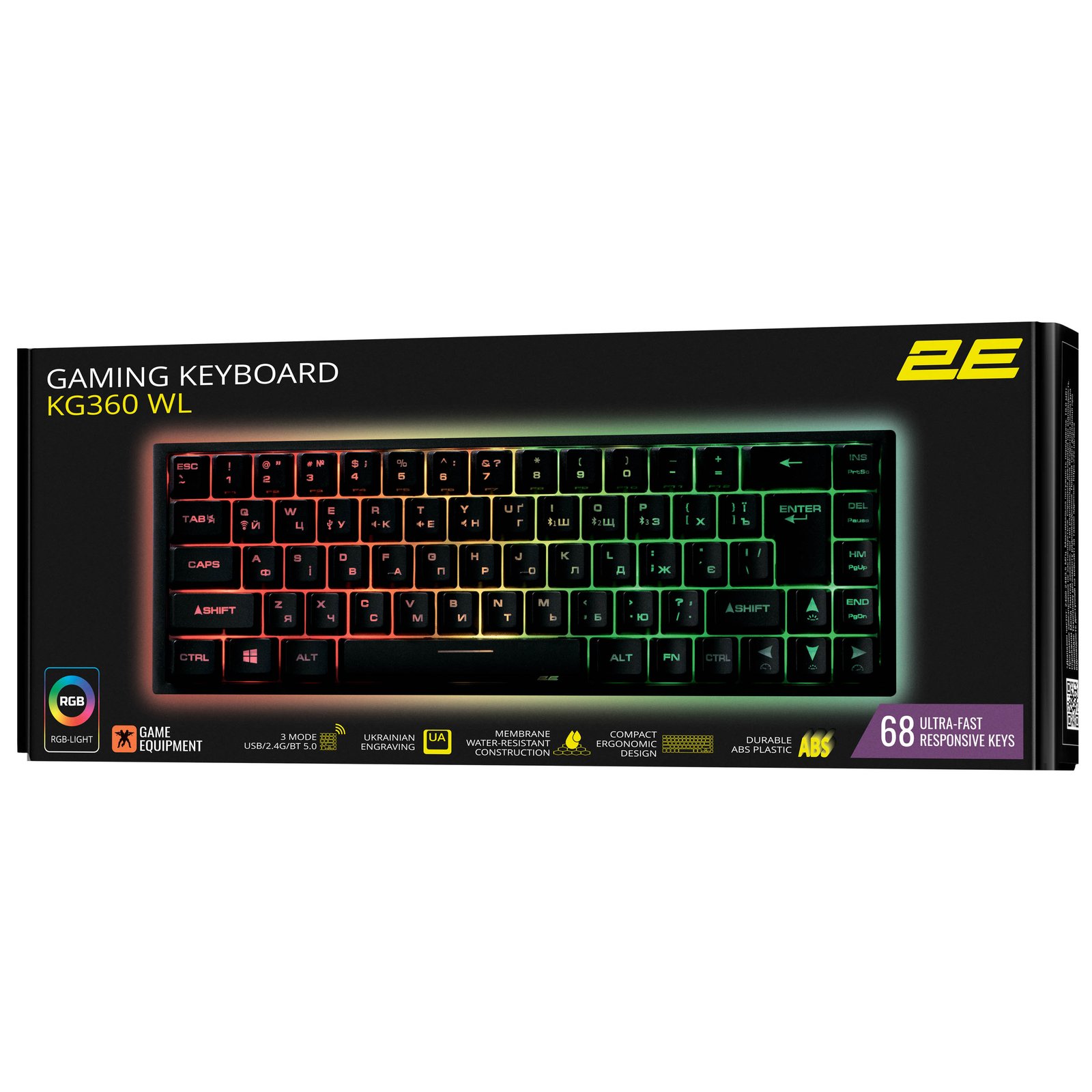 2E GAMING Membrane keyboard KG360 68key, USB-A/WL, EN/UA/RU, RGB, black