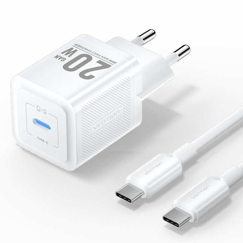 VENTION TZ-FEPW0-EU-01 1-Port USB-C GaN Charger (20W) with USB-C to USB-C Cable (1M) EU-Plug White