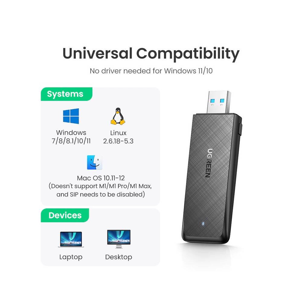Wi-Fi ადაპტერი UGREEN CM492 (50340) AC1300 Wireless Network Adapter, USB3.0, 1300Mbps, Black