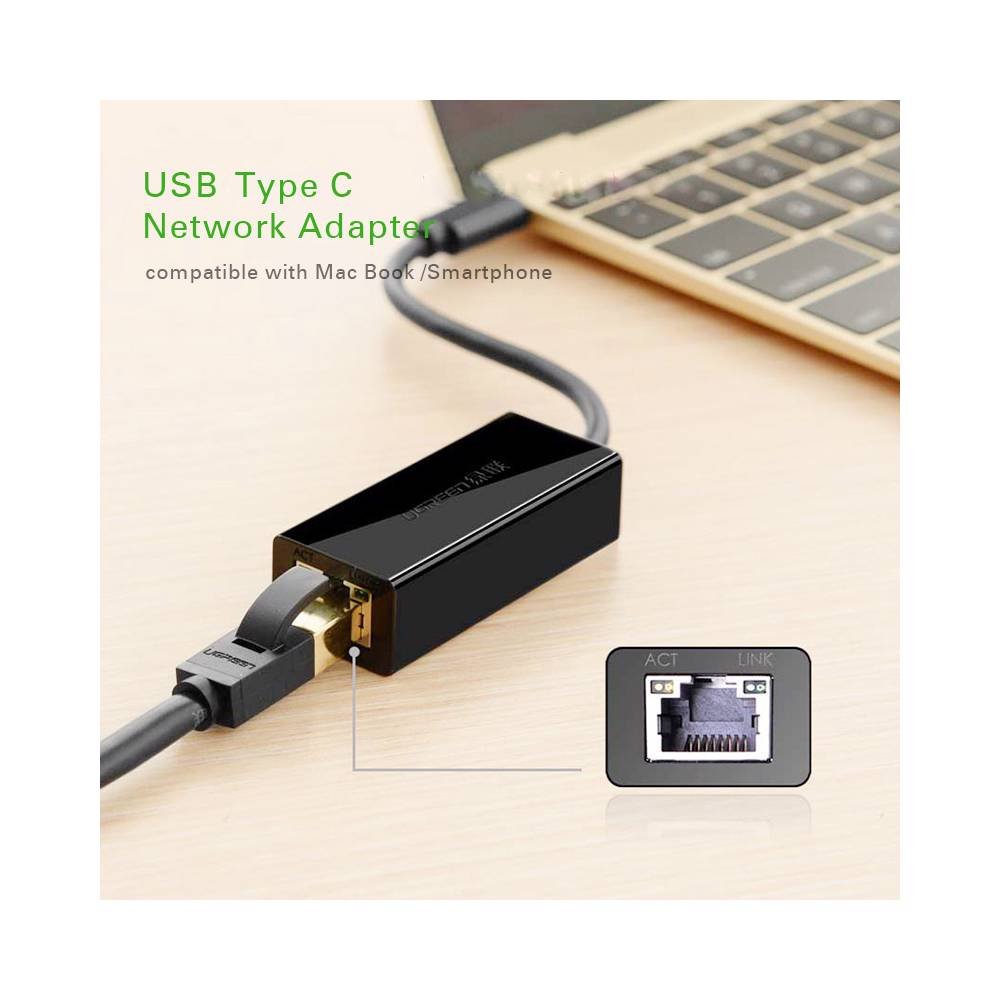 ლან ადაპტერი UGREEN 30287 USB 2.0 Type C 10/100Mbps Ethernet Adapter 110mm (Black)
