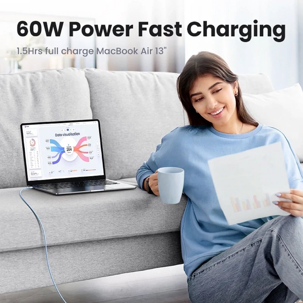 USB კაბელი UGREEN US563 (45180), 60W, Type-C to Type-C PD Fast Charging Silicone Cable, 1m, Purple