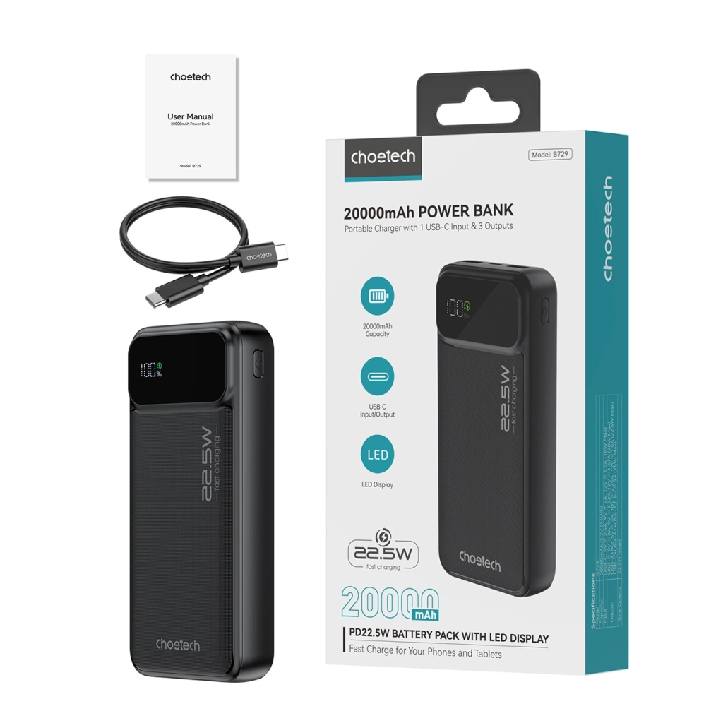 Choetech B729 PD22.5W Dual USB-A+Type-C Power bank 20000mAh Digital Screen