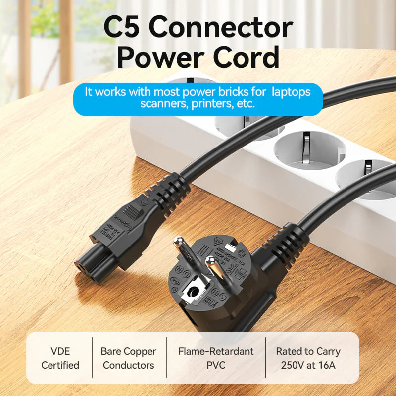 VENTION ZCKBAC 3-Prong Power Cord 1.8M cable C5 Connector EU Plug