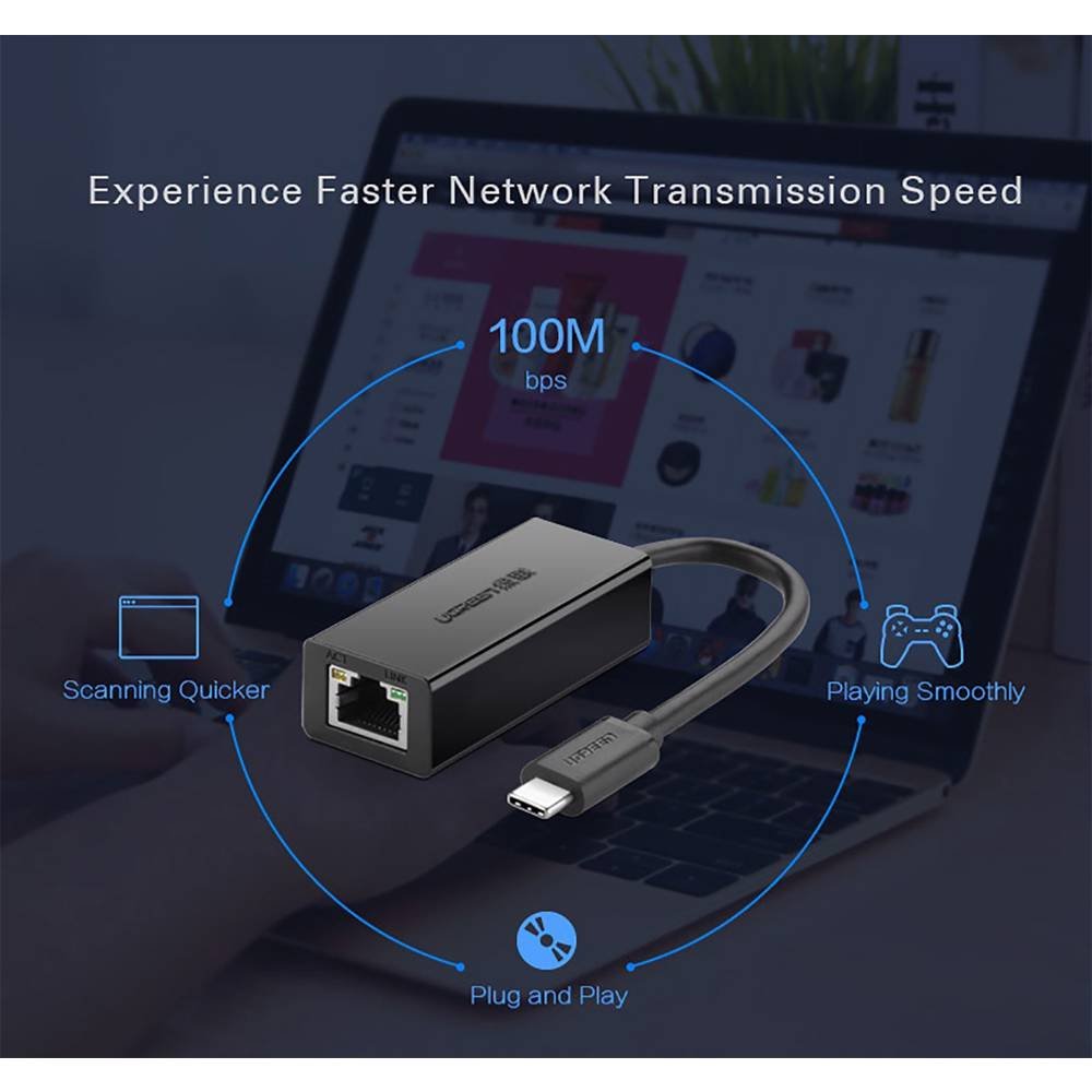 ლან ადაპტერი UGREEN 30287 USB 2.0 Type C 10/100Mbps Ethernet Adapter 110mm (Black)
