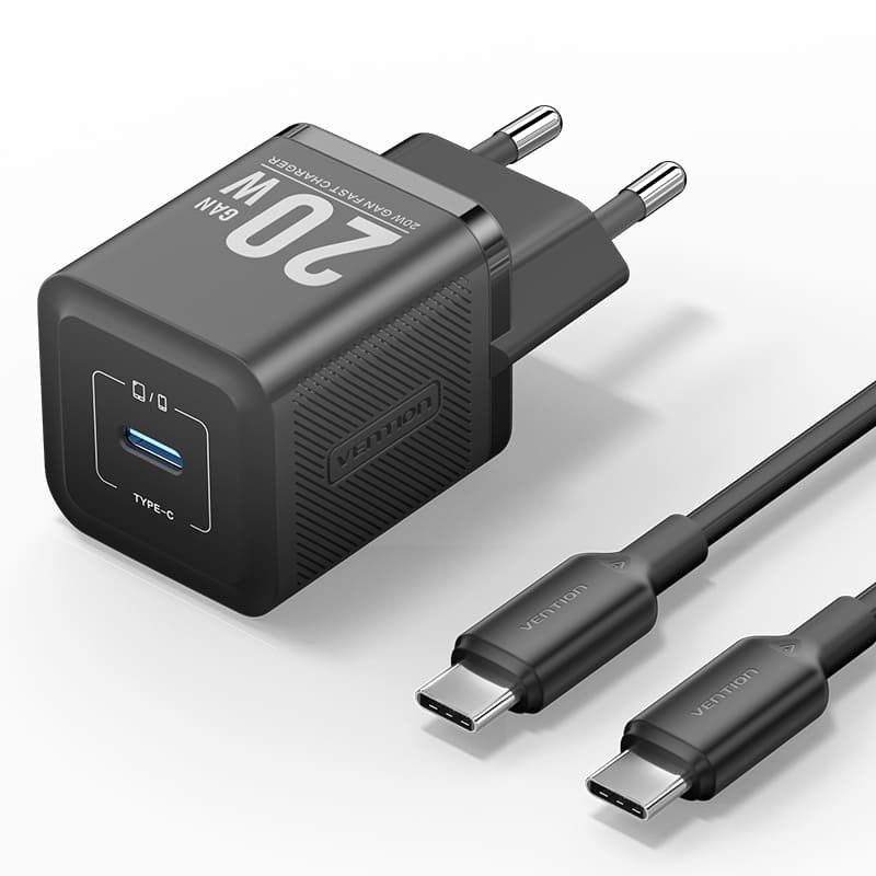 VENTION TZ-FEPB0-EU-01 1-Port USB-C GaN Charger (20W) with USB-C to USB-C Cable (1M) EU-Plug Black