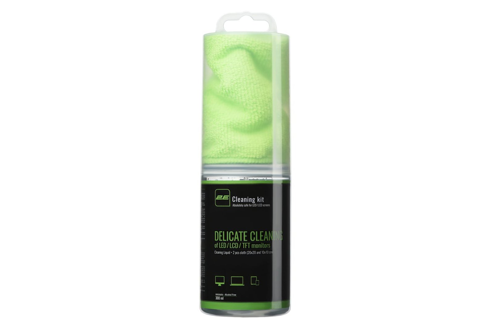2Е Cleaning kit for office equipment (liquid 300ml, whipes: 20x20 - 1pc, 10x10 - 1pc), green