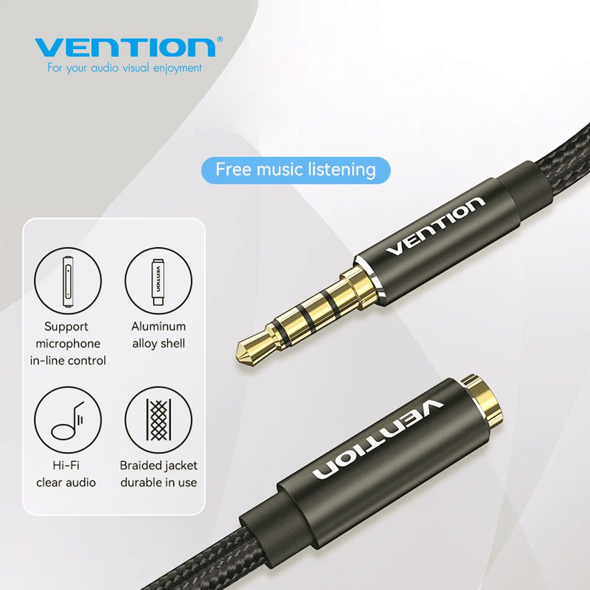 VENTION BHCBI Cotton Braided TRRS 3.5mm Male to 3.5mm Female Audio Extension Cable 3M Black Aluminum Alloy Type