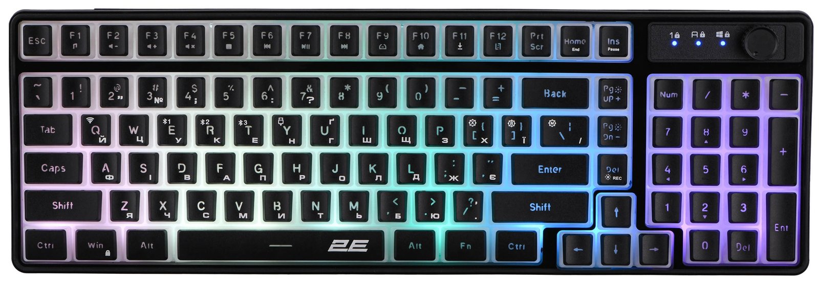 2E GAMING Membrane keyboard KG390 100key, USB-A/WL/BT, EN/UA, RGB, black