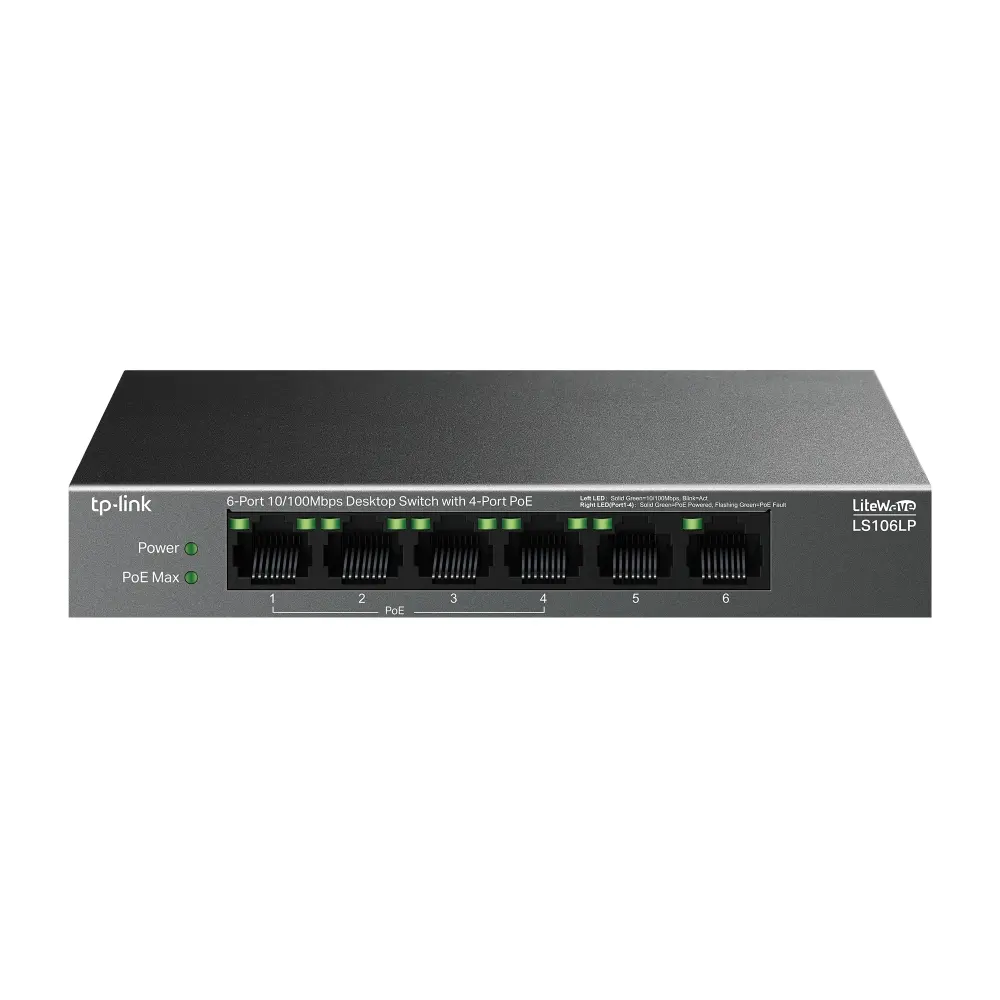 ქსელის გამანაწილებელი LS106LP, TP-Link, 6-Port 10/100Mbps Desktop Switch with 4-Port PoE, 41 W