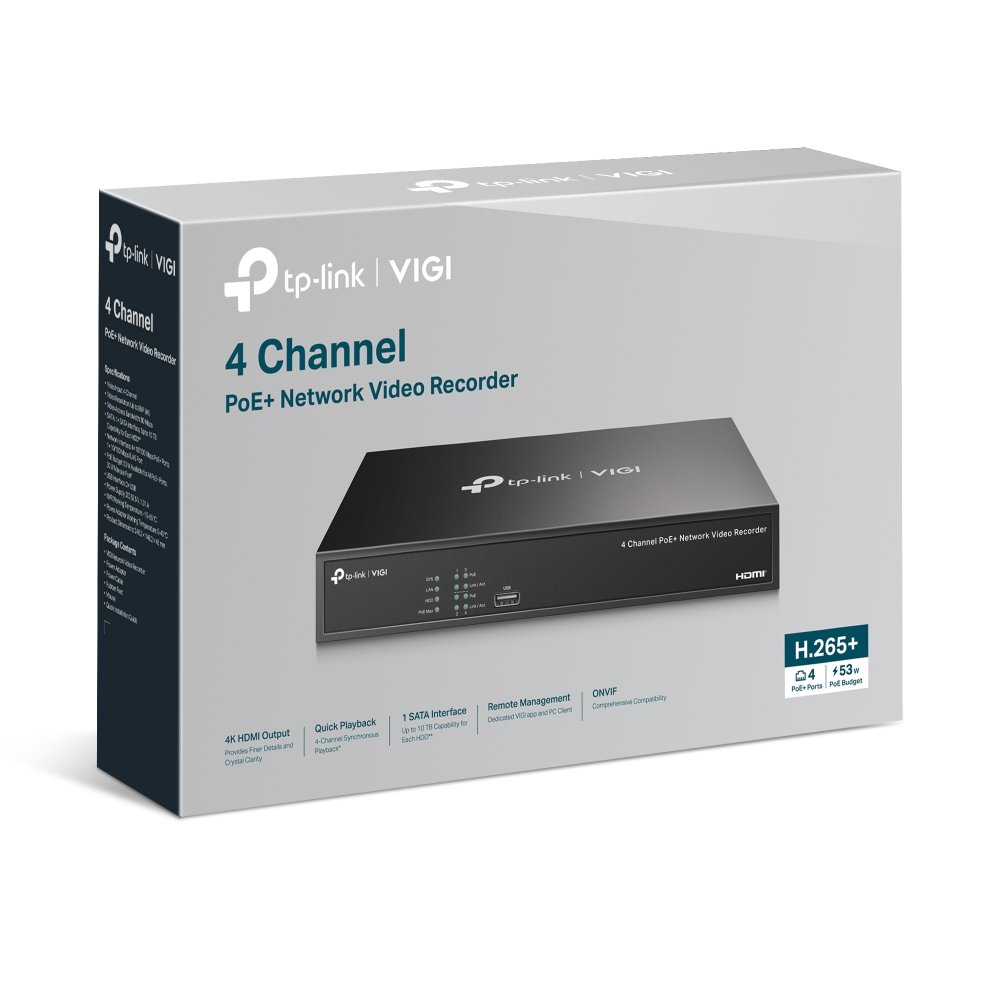 ვიდეოჩამწერი, VIGI NVR1004H-4P, TP-Link, 4 არხიანი 4K გარჩევადობის PoE მხარდაჭერით.