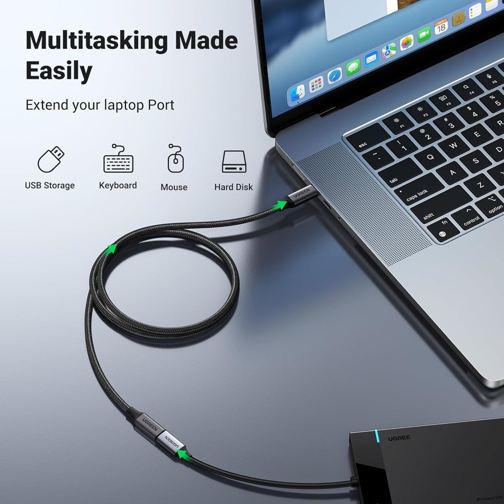 USB ადაპტერი UGREEN US372 (45191), 100W, Type-C Extension Cable, 1m, Black