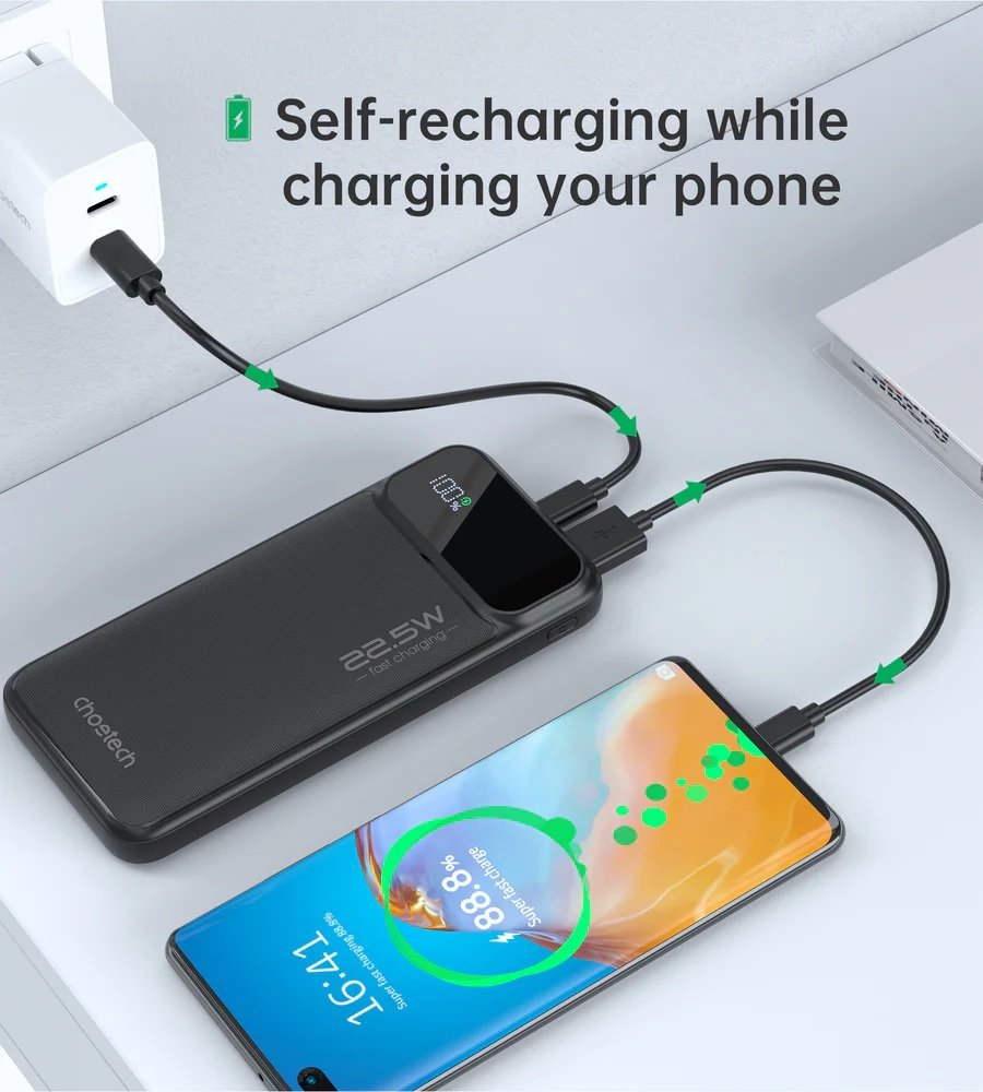 Choetech B728 PD22.5W Dual USB-A+Type-C Power bank 10000mAh Digital Screen
