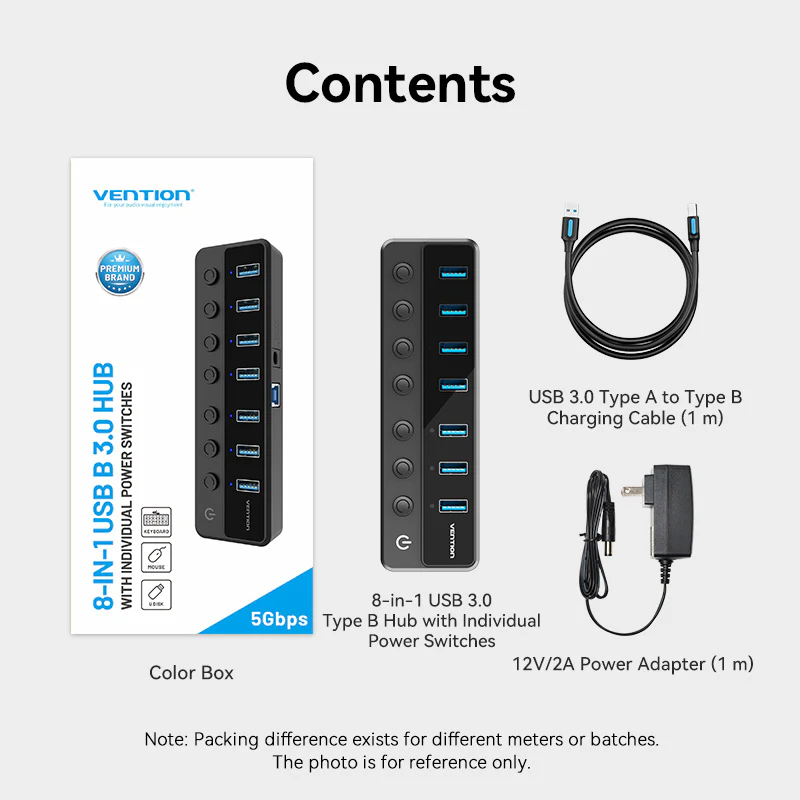 VENTION CHXB0-EU USB B 3.0 to USB 3.0 x7 Hub with Individual Power Switches and DC 5.5mm Power Adapter EU-Plug Black
