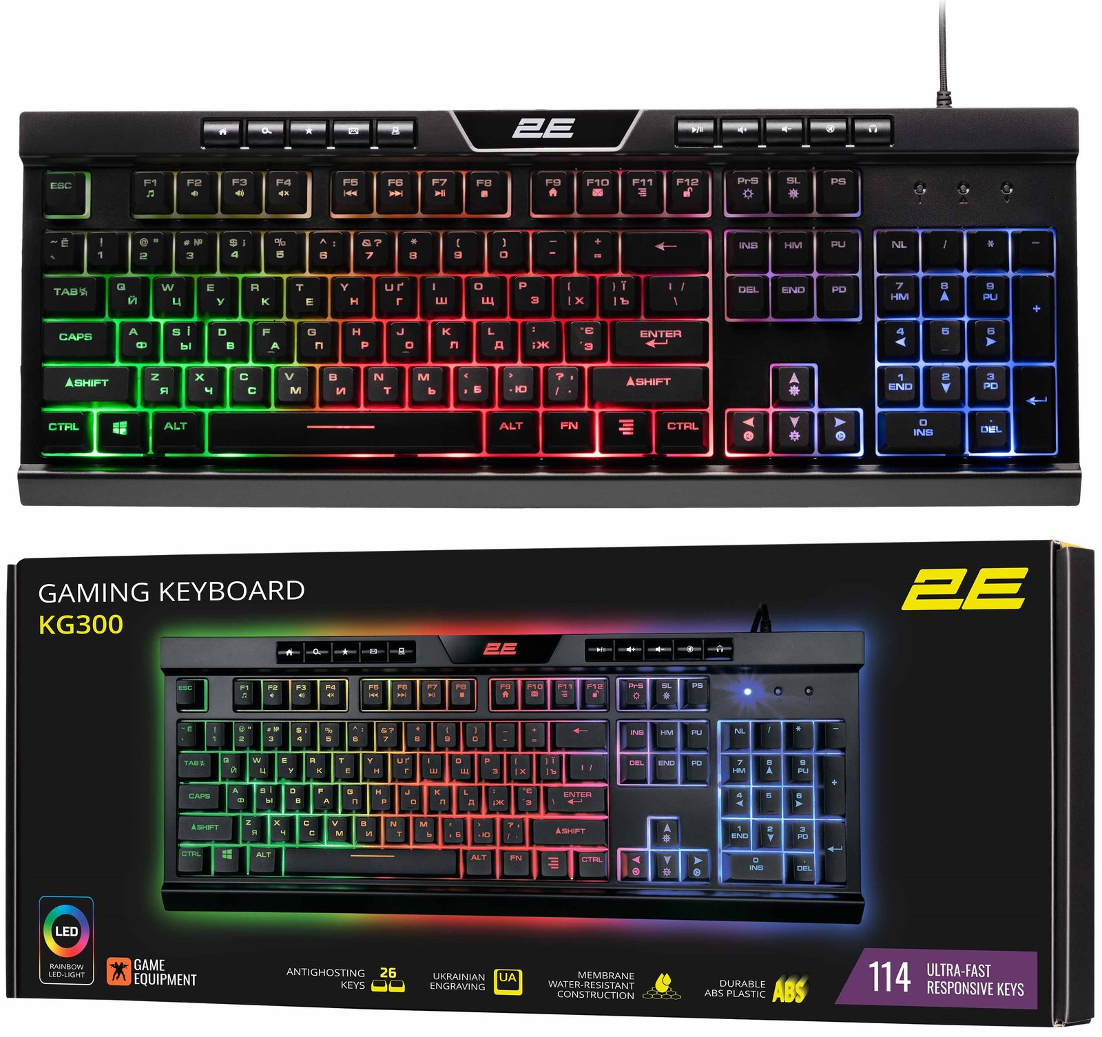 2E GAMING Membrane keyboard KG300 114key, USB-A, EN/RU, LED, black