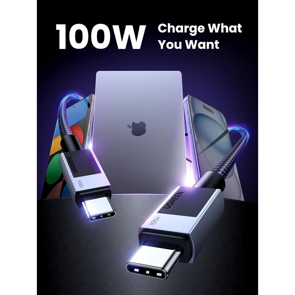 USB კაბელი UGREEN L512 (35985), 100W, Type-C to Type-C PD Fast Charging Cable, 0.5m, Space Gray
