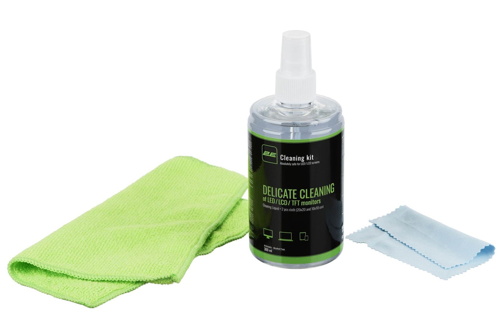 2Е Cleaning kit for office equipment (liquid 300ml, whipes: 20x20 - 1pc, 10x10 - 1pc), green