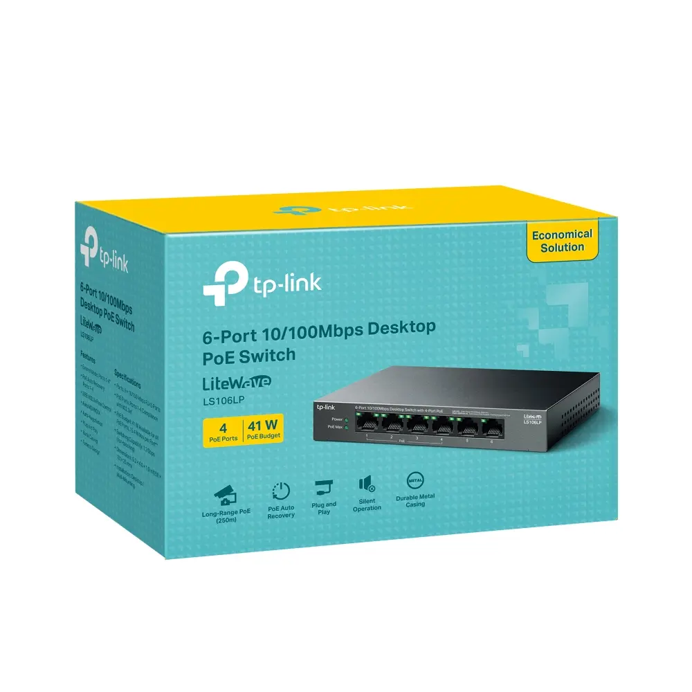 ქსელის გამანაწილებელი LS106LP, TP-Link, 6-Port 10/100Mbps Desktop Switch with 4-Port PoE, 41 W