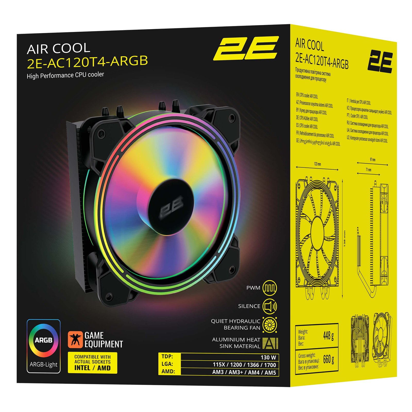 2E GAMING CPU cooler Air Cool AC120T4-ARGB, LGA1700, 1200, 115x, 1366, AM5, AM4, AM3, AM3+, 4pin PWM, 3pin +5VARGB, TDP 130W