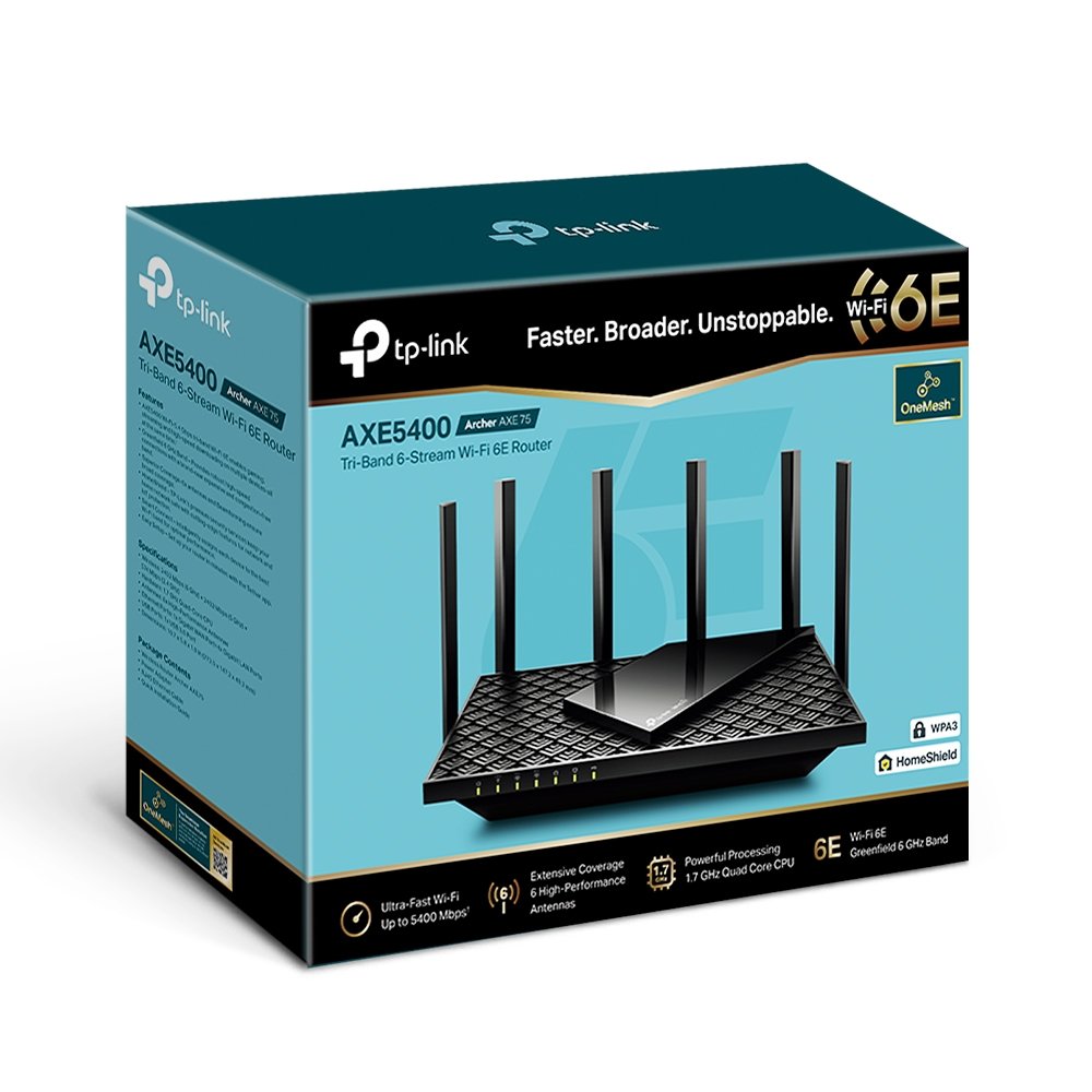 როუტერი -Archer AXE75, TP-Link, AXE5400 Tri-Band Wi-Fi 6E Router up to 5400 Mbps, WPA3, 1×Gg WAN/4× Gg LAN, 1× USB3.0, 2.4 GHz, 5 GHz, 6 GHz