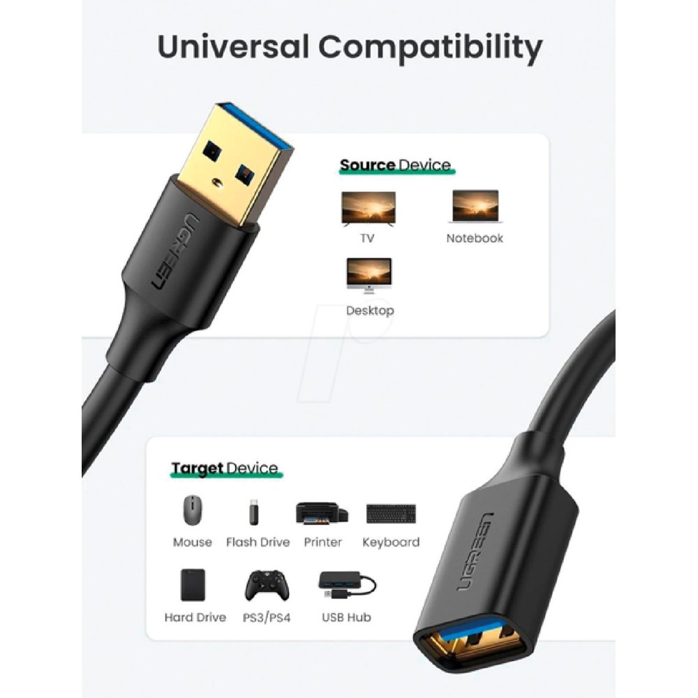 USB დამაგრძელებელი UGREEN US129 (30127), USB 3.0 Male to USB Female, Extension Male Cable, 3m, Black