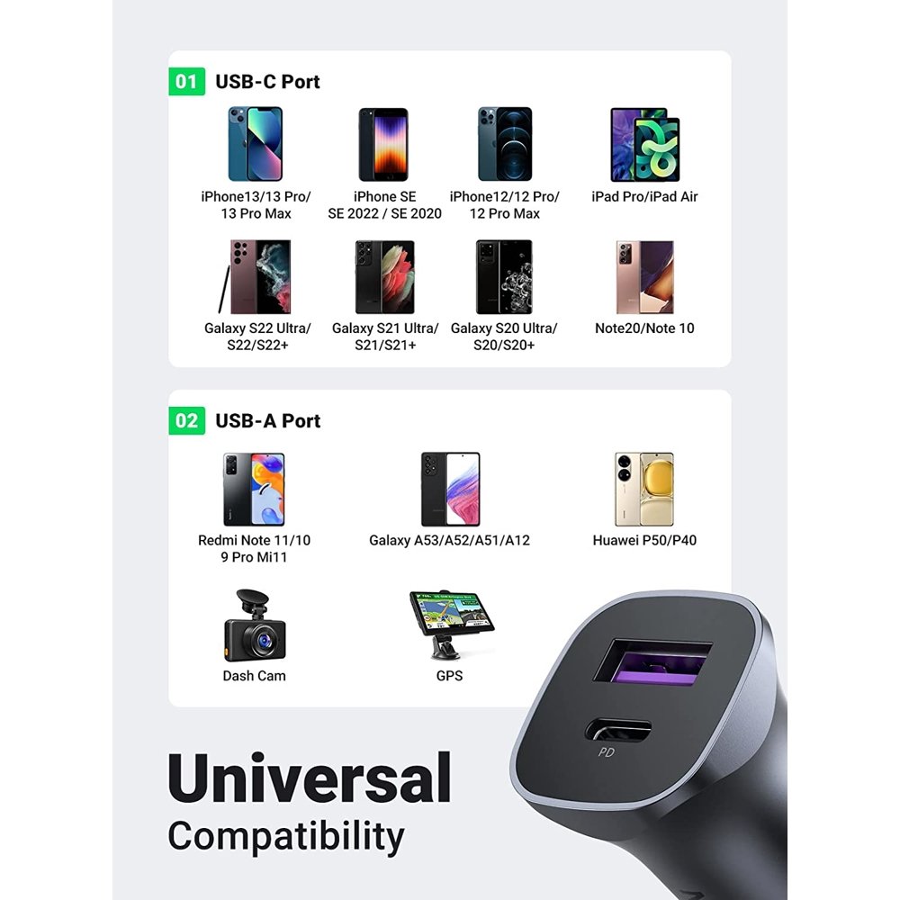 მანქანის დამტენი UGREEN CD130 (40858), 30W, USB, USB-C, Type-c, Space Gray