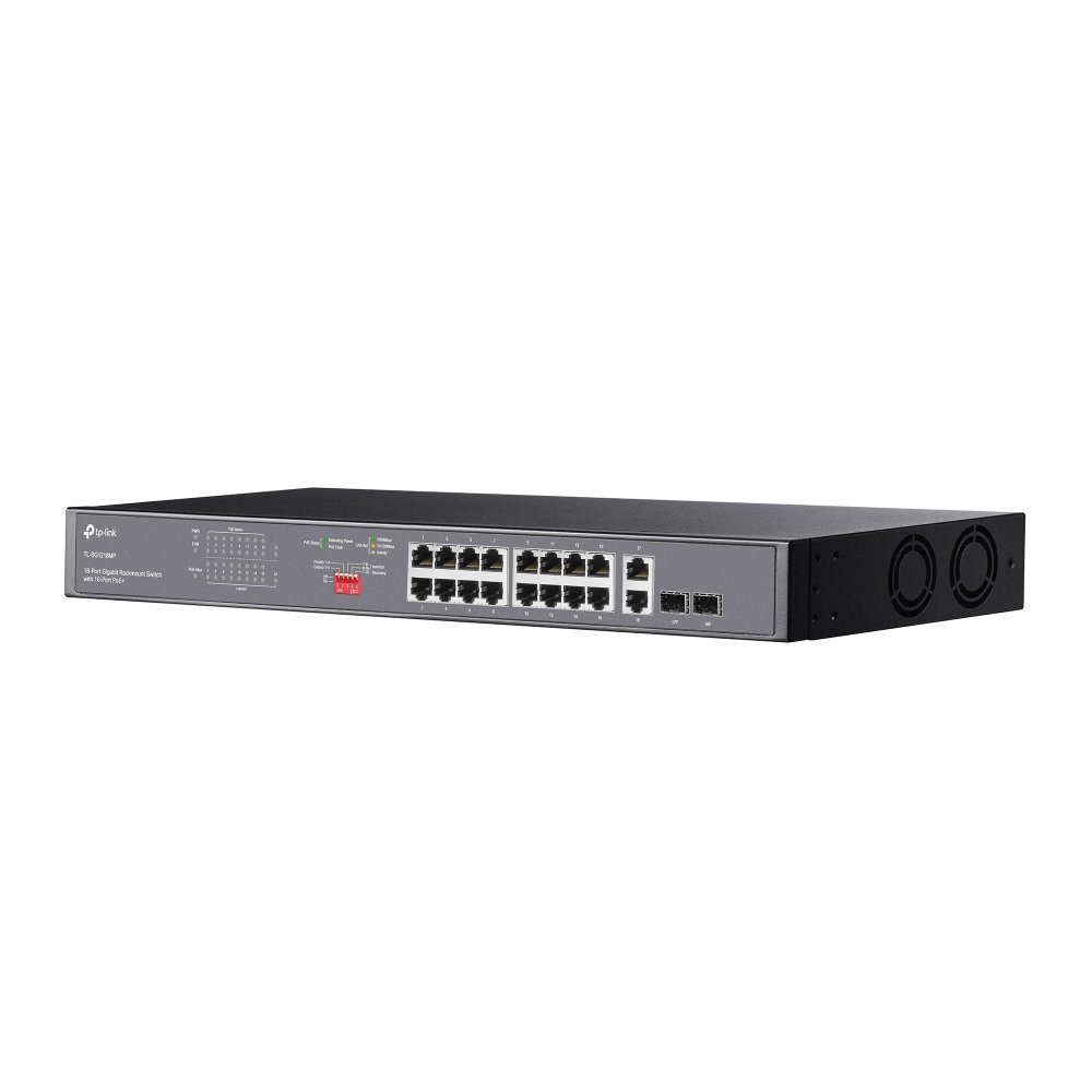 TL-SG1218MP, TP-LINK, 16× Gigabit PoE+ RJ45 ports, 2× Gigabit on-PoE RJ45 ports, and 2× Combo Gigabit SFP slots 802.3af/at