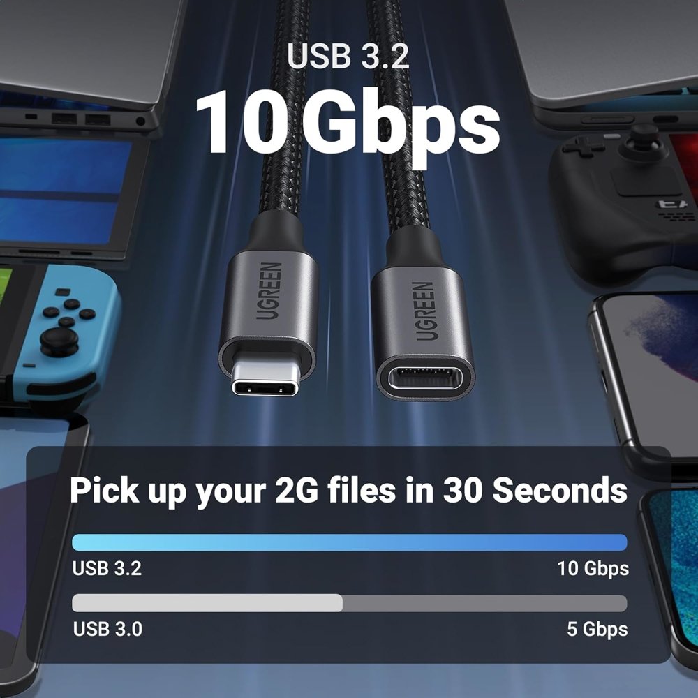 USB ადაპტერი UGREEN US372 (45191), 100W, Type-C Extension Cable, 1m, Black