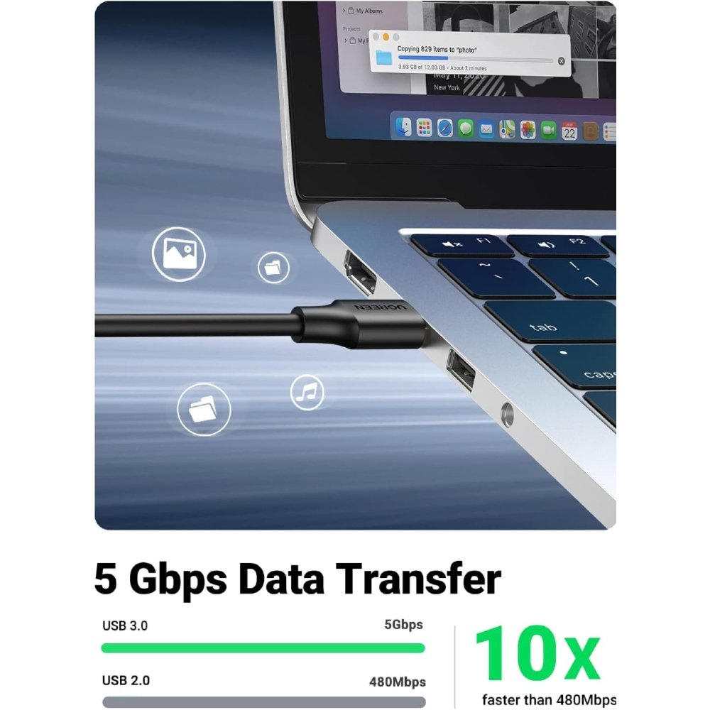 USB დამაგრძელებელი UGREEN US129 (30127), USB 3.0 Male to USB Female, Extension Male Cable, 3m, Black