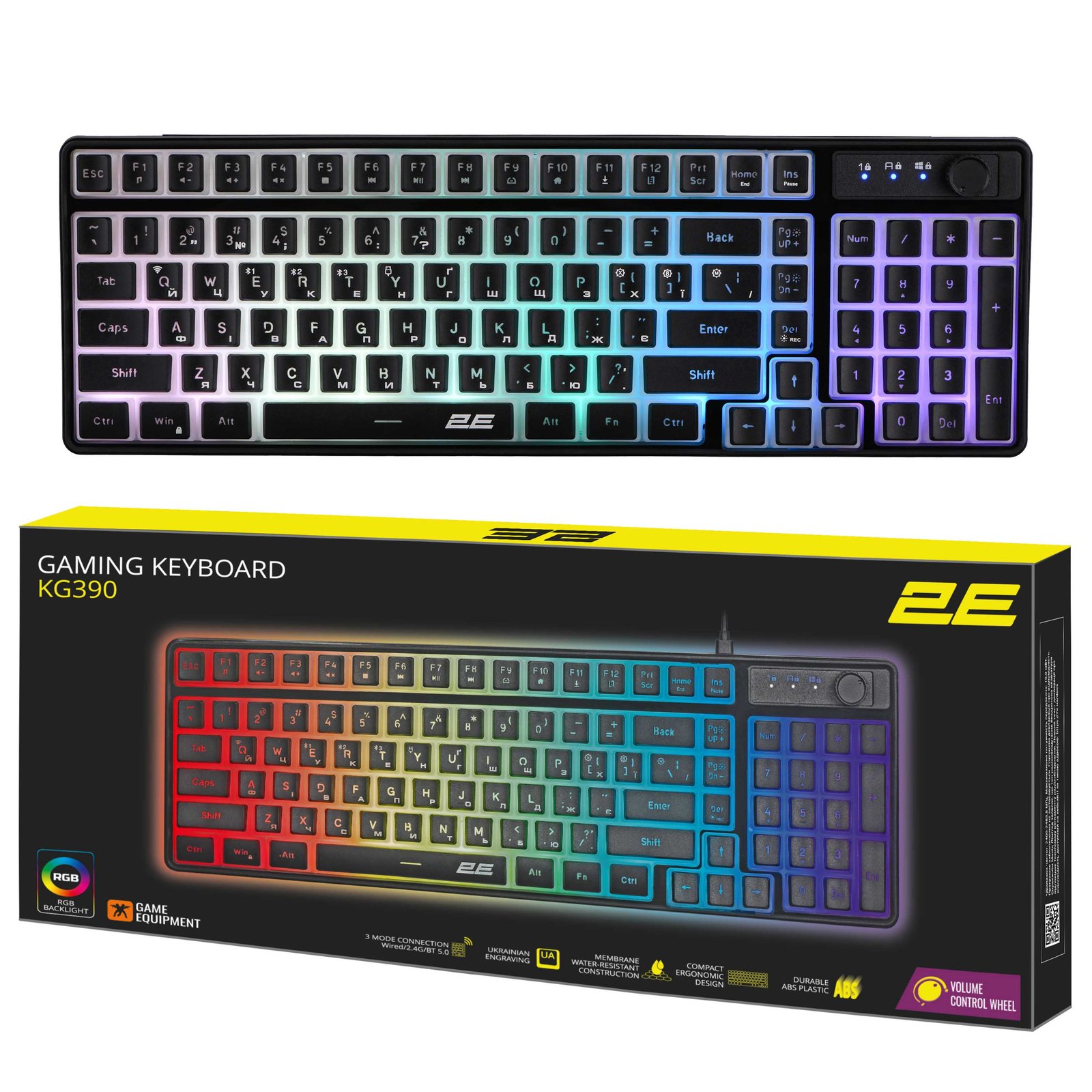 2E GAMING Membrane keyboard KG390 100key, USB-A/WL/BT, EN/UA, RGB, black