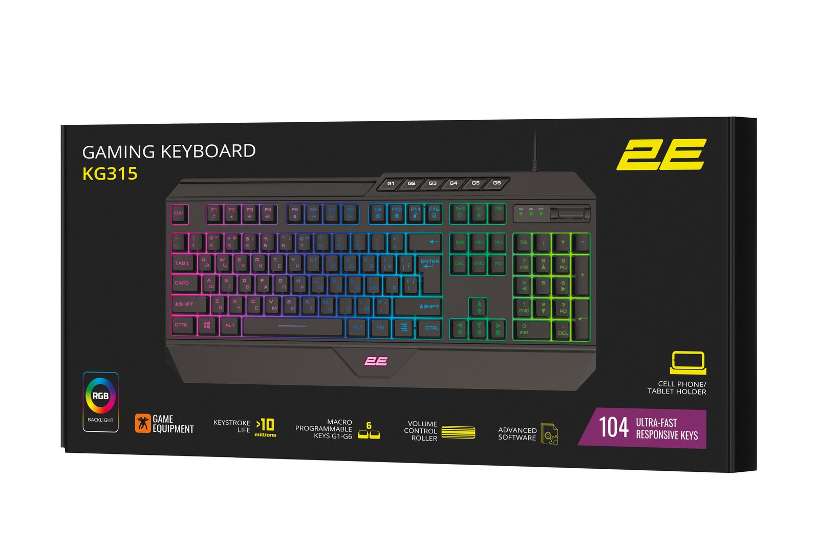 2E GAMING Membrane keyboard KG315 110key, USB-A, EN/RU, RGB, black